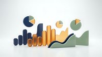 Colorful data visualization elements with bar charts, pie charts and growth arrows on white background for business analytics and reporting presentations.