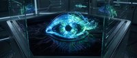 Futuristic digital eye with glowing blue iris emerging from laptop screen surrounded by holographic data streams and circuit patterns in cyberpunk style.