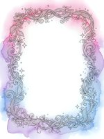 Watercolor frame with ornate swirls and stars in pink purple blue gradient colors on white background for invitations greeting cards scrapbooking.