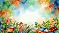 Watercolor cooking scene with fresh vegetables, herbs, and kitchen utensils arranged on white background, suitable for culinary blogs, recipe websites, and food-related design projects.