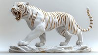 White tiger sculpture with golden stripes in aggressive stance on marble base, showing teeth and muscular form. Decorative art piece for luxury interior design.