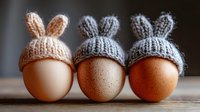 Fresh eggs wearing knitted bunny ear hats in different colors lined up on rustic wooden surface, creating playful Easter decoration composition.
