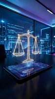 Digital justice scales hologram emerging from tablet in modern tech office with blue neon lighting and data displays for legal technology concepts.