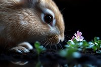 Close-up portrait of brown rabbit sniffing small pink wildflower against dark background, showing curious animal behavior and delicate nature interaction.