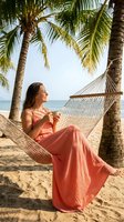 Young woman relaxing in hammock on tropical beach with palm trees, enjoying peaceful vacation moment with drink in coral dress.