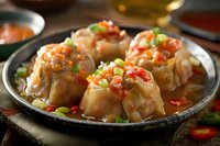 Steamed Asian dumplings topped with spicy chili sauce, green onions and red peppers served on rustic black plate, close up view of traditional dim sum.