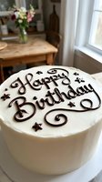 White frosted birthday cake with chocolate piped lettering and decorative stars on top, displayed on table near window with flowers and home decor in background.
