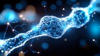 Glowing neural network connection with electric blue light particles flowing through digital synapse structure against dark blurred background for technology and science concepts.