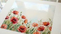 Watercolor poppy flowers field painting on paper with red blooms and green stems, botanical floral artwork for home decor and wall art projects.