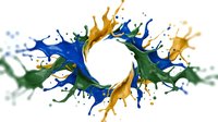 Colorful paint splashes in blue, gold, and green burst outward around a white circular center, creating a dynamic abstract composition suitable for backgrounds and design projects.
