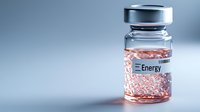 Glass vial with pink liquid labeled Energy on blue background, representing concept of vitality and medical innovation.