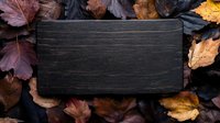 Dark wooden board surrounded by colorful autumn leaves creating natural frame composition on black background, moody fall season layout for text or product display.