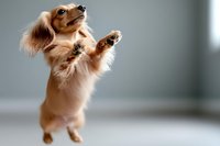 Playful long-haired chihuahua dog standing on hind legs with raised paws against blurred background, showing training and agility skills in natural light.