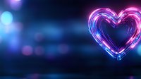 Glowing neon heart shape with pink and blue light trails against dark background with bokeh effects, romantic atmosphere for Valentine's day designs.