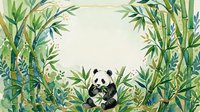 Watercolor panda bear sitting in bamboo forest frame with green leaves on light background for nursery decor and nature themed designs.