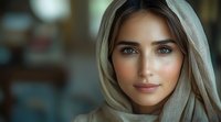 Young woman with bright blue eyes and gentle smile wearing light headscarf, soft natural makeup and radiant complexion against blurred background. Spiritual portrait.