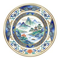 Decorative porcelain plate with traditional Asian landscape design featuring mountains, water, pagoda, and ornamental blue and gold borders, isolated on white background for design projects.