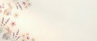 Soft watercolor floral border with delicate pink flowers, lavender sprigs and leaves on cream background with copy space for spring designs.