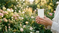 Cropped view of person wearing white shirt holding blank white card in blooming garden with pink and yellow flowers for greeting, invitation, or promotional messaging.