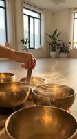 Woman playing singing bowls in bright wellness studio with potted plants and natural light from windows during meditation session.