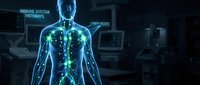 Male figure with light skin tone displayed in medical visualization format showing immune system pathways and lymph nodes highlighted in glowing green throughout torso and body for healthcare education and scientific presentation purposes.