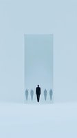 Minimalist conceptual composition showing silhouette of business person standing out from crowd, separated by translucent wall, representing leadership and individuality.