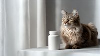 Fluffy long-haired tabby cat lying near white medicine bottle on windowsill against light curtain background, veterinary and pet healthcare concept.