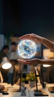 Hands protecting glowing digital sphere with swirling energy patterns in modern office environment representing innovation and technology solutions.