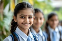 Smiling young South Asian schoolgirl in blue uniform with bindi, standing with classmates in natural outdoor setting. Education concept.