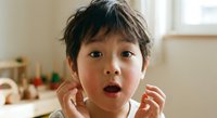 Young Asian boy with surprised expression touching face with both hands in bright indoor setting with toys visible in background.