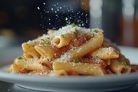 Penne pasta with tomato sauce and parmesan cheese sprinkled on top, garnished with fresh herbs, captured in dynamic moment with cheese falling, macro food photography.