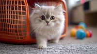 Fluffy white Persian kitten with big eyes peeks out from orange pet carrier on carpet, colorful toy balls in background, creating heartwarming pet photography moment.