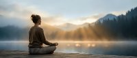 Young woman practicing meditation in lotus position on wooden dock at sunrise with mountain lake and forest backdrop creating peaceful wellness atmosphere.