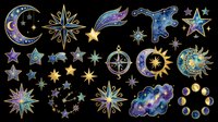 Celestial clipart set with stars, moon, sun, compass rose, constellations, and clouds in galaxy colors, isolated on transparent background for stickers, sublimation, and t-shirt design.