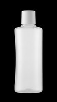 Clear plastic bottle with white flip cap, isolated on transparent background. Ready for cosmetic mockups, packaging design, stickers, print on demand, and clipart use.