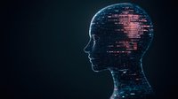 Digital profile silhouette with glowing code elements and data streams on dark background, representing artificial intelligence and machine learning technology.