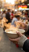 Person holding steaming bowl of noodles with chopsticks at crowded street food market at dusk, blurred vendor stalls and city lights in background for food and travel content.