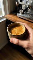 Barista holding ceramic cup with latte art featuring lemon slice design in professional espresso machine kitchen setting for cafe business.
