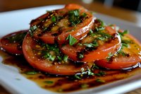 Fresh tomato slices with balsamic glaze and herbs on white plate. Healthy Mediterranean appetizer for restaurant menu and culinary photography.