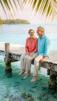 Happy senior couple sitting on wooden dock in tropical paradise with palm trees and turquoise water enjoying retirement vacation together.