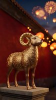 Golden ram statue with ornate spiral horns on stone pedestal against red wall, traditional architecture, and festive fireworks in twilight sky for celebration and cultural events.