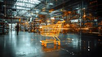 Glowing shopping cart in modern supermarket with motion blur effect creates futuristic retail atmosphere against dark interior with glass ceiling and reflective floor.
