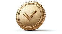 Golden metallic badge with checkmark symbol on round coin shape, featuring detailed ridged edges and subtle surface texture, isolated on white background for design use.