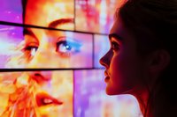 Young woman in profile gazing at colorful digital screens displaying close-up facial features, illuminated by vibrant neon lights in modern tech environment.