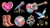 Colorful heart, microphone, acoustic guitar, cowboy boots, disco ball, snake, bird, and plant elements isolated on transparent background. Ready for t-shirts, stickers, clipart, sublimation, and print-on-demand designs.