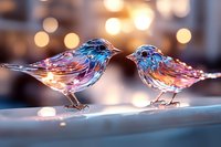 Colorful glass birds with blue and pink hues perched on surface against blurred bokeh lights background, decorative artistic figurines creating romantic atmosphere.