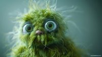 Quirky green furry monster character with big expressive blue eyes and messy fur texture against blurred teal background, suitable for children's book illustrations.