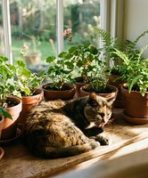 Tabby cat resting peacefully among potted houseplants on sunny windowsill creating cozy indoor garden atmosphere for home decor and pet lifestyle content.