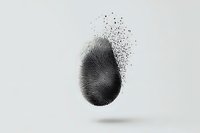 Black fingerprint dissolving into particles floating against light background, digital security concept showing biometric data transformation and identity protection.