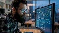 Bearded male trader wearing glasses analyzes stock market charts on computer monitor in modern office with city skyline view during trading session.